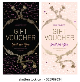 Set of Gift Premium Certificate. Gift card. Gift voucher. Coupon template.  Background for the invitation, shop, beauty salon, spa. Gold bow of ropes and knots.