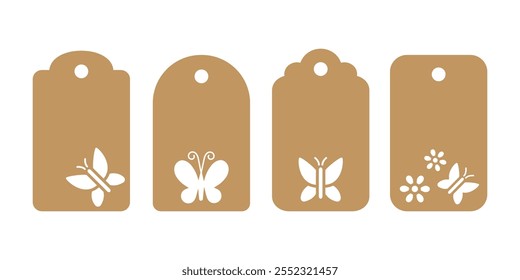 Conjunto de plantillas de etiqueta de regalo o Precio con mariposa. Plantillas de Vector para cortar. Papel artesanal o etiquetas de cartón cortar archivos