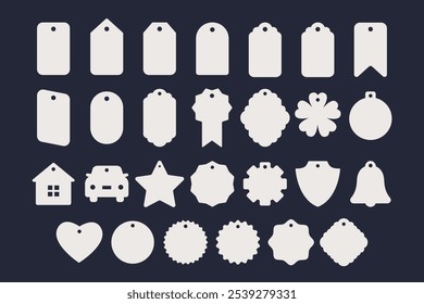 Set of gift or price tags, name card, discount label, food badge shapes. Vector templates for cutting. Craft paper or cardboard labels cut files