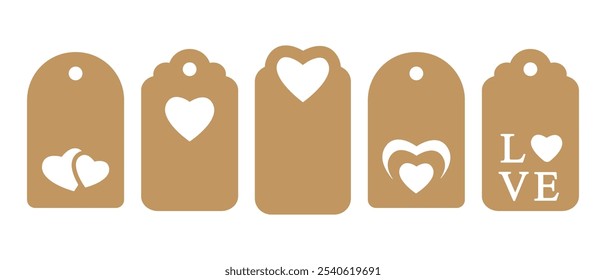 Set of gift or price tags shapes with hearts and love. Vector templates for cutting. Valentine's Day tag stencils. Craft paper or cardboard labels cut files