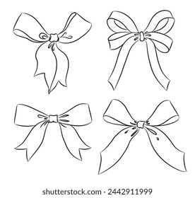 Set of gift ribbons bows line drawing, vector illustration, design elements on white background