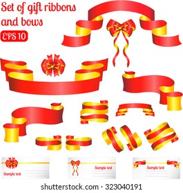 Set of gift ribbons and red bows.
