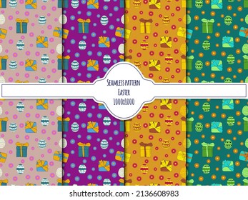 Set of gift seamless patterns with boxes, bows and eggs for Easter. 1000x1000, Vector graphics.