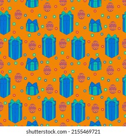Set of gift seamless patterns with boxes, bows and eggs for Easter. 1000x1000, Vector graphics.