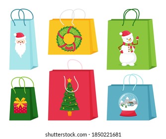 A set of gift or shopping bags with Christmas elements. Cute illustrations with characters and symbols of Christmas. Isolated vector illustrations on a white background