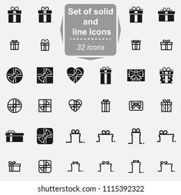 Set of gift solid and line vector icons.