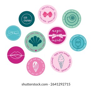 Сute set of gift summer stickers in round shapes for gifts with outline hand drawn bow, lips, shell, icecream with inscription, colorful trendy label, tag. Vector EPS10. Element for wrapping paper.