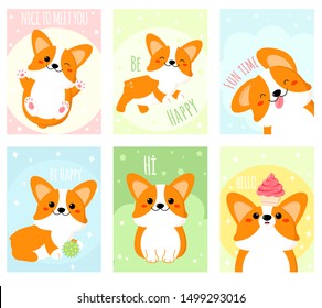 Set of gift tag, card, badge, sticker with cute corgi dog. Inscription - nice to meet you, be happy, hello, hi. Vector template card for greeting, decoration, congratulation, invitation. EPS8