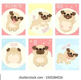 Set of gift tag, card, badge, sticker with cute pugs. Inscription - nice to meet you, be happy, hello, hi, so cute. Vector template card for greeting, decoration, congratulation, invitation. EPS8 svg