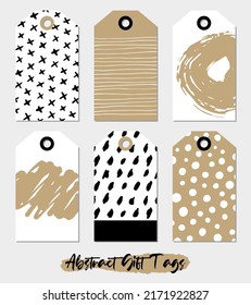 Set of Gift Tag Designs using hand drawn abstract elements. Modern tag designs with Blak, White, and Kraft colors.