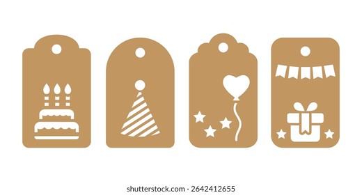 Set of gift tag stencils for birthday party. Vector templates for cutting. Craft paper or cardboard labels cut files for gift wrapping