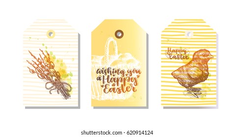 Set of Gift Tags about Easter with quote Happy Easter day. With hand drawn with a willow branches, a wicker basket. Perfect for holiday greetings
