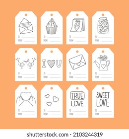 Set of gift tags with black and white hand-drawn doodles for Valentine's Day. A collection of present labels with illustrations and words To, from. Simple vector illustrations on a white background