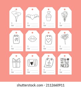 Set of gift tags with black and white hand-drawn doodles for Valentine's Day. A collection of present labels with illustrations and words To, from. Simple vector illustrations on a white background