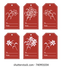 Set of gift tags with branch of lilies and ribbon. Sale and shopping concept. Design for postcard, banner, poster or print.
