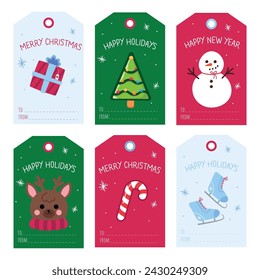 Set of gift tags in a cartoon style.Vector illustration of Christmas tags with a gift,a tree,a snowman,a deer,a candy cane,skates, inscriptions: Merry Christmas, Happy holidays, Happy New year.