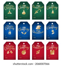 A set of gift tags for Christmas gifts. Golden gradient silhouettes of Christmas elements and hand lettering Merry Christmas. Vector illustration on red, blue, green gradient background.
