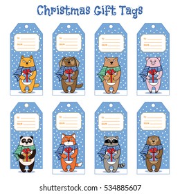 Set of gift tags for Christmas and New Year presents with fox, cat, dog, panda, raccoon, pig, bear, monkey, cartoon vector illustration. Gift tag templates with pets and animals holding presents
