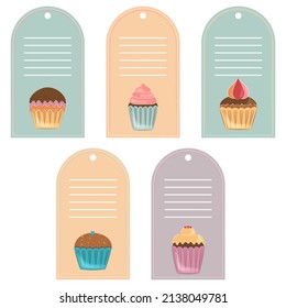  A set of gift tags for cupcakes. Collection of labels for baking. Vector illustration.
