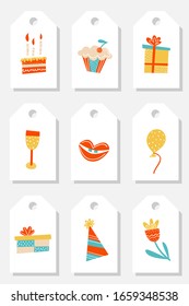 Set of gift tags with elements of cake with candles, cupcake, gift box, hearts, abstract flower, wine glasses, lips, balloon, birthday cap - Vector illustration isolated objects