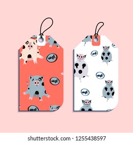 Set of gift tags with fat cute piggy. Paper labels. Flat design. Vector illustration.