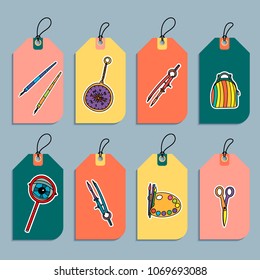 Set of  gift tags with hand drawn school design elements. Typography design elements for prints, cards, posters, products packaging, branding.
