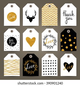 Set of gift tags with hand drawn design elements. Vector templates. Trendy patterns and textures.