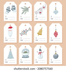 A set of gift tags, labels with Christmas attributes and elements on a white background. Printable template with flat cartoon illustrations and the words To, from. Color vector illustration