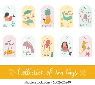 Set of gift tags and labels with cute sea animals and mermaids. Collection isolated on white background