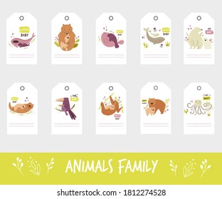 Set of gift tags and labels with cute animal families. Collection isolated on white background