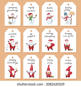 A set of gift tags, labels with cute Christmas characters - Santa, snowman, gnome on a white background and handwritten phrases, congratulations. Template with color vector flat illustrations.