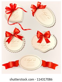 Set of gift tags with red gift bows with ribbons. Vector illustration.