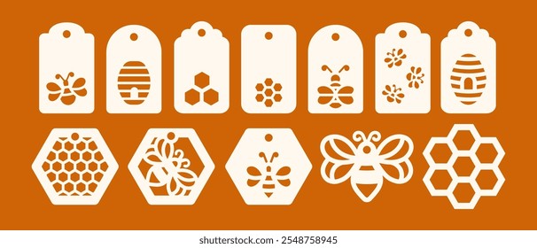 Set of gift tags shapes with bee and honey. Vector templates for cutting. Craft paper and cardboard labels cut files	