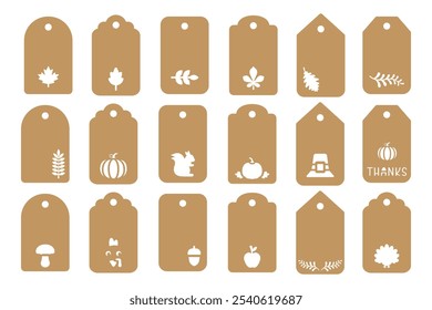 Set of gift tags shapes with fall design. Vector templates for cutting with autumn elements. Craft paper or cardboard discount labels cut files