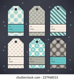 Set of Gift Tags with Snowflakes and Diagonal Stripes in Turquoise, Grey and Beige. Perfect for Christmas, New Year's, birthday presents and gifts. Vector illustration.