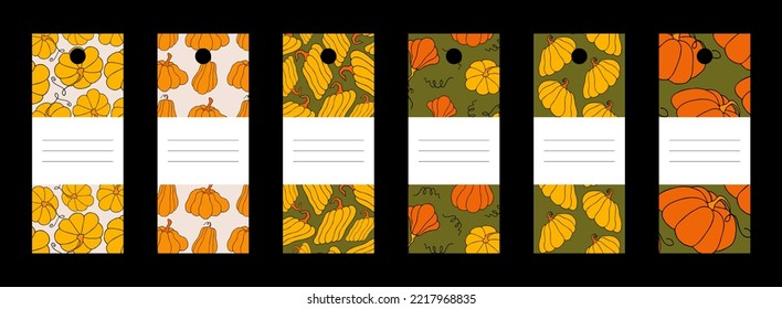 Set of gift tags, special offer or shopping discount label. Autumn design template, hand drawn pumpkins, flat vector illustration