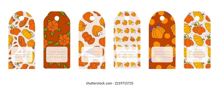 Set of gift tags, special offer or shopping discount label. Autumn design template, hand drawn pumpkins, flat vector illustration