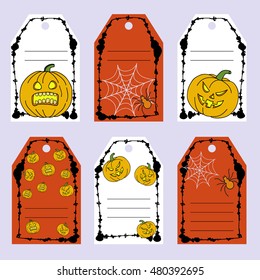 Set gift tags. Stock vector set of Halloween attributes and symbols. Hand drawing pumpkin, spider, web. Stains frame. Place for an inscription. Congratulation, invitation, design cards.