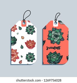 Set of gift tags with succulents and hand drawn lettering. Paper labels. Flat design. Vector illustration engraving style.