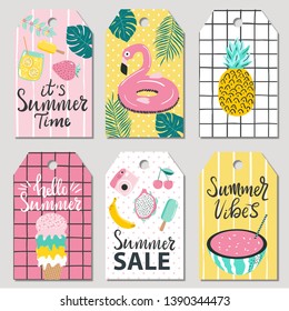 Set of gift tags with summer fruits, ice cream, cocktails and activities. Labels with bright vector summer illustrations 