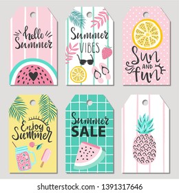 Set of gift tags with summer fruits, ice cream, cocktails and activities. Labels with bright vector summer illustrations 