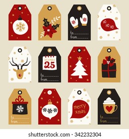 A set of gift tags with traditional Christmas elements - baubles, presents, poinsettia, etc. in red, white, black and gold.