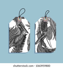 Set of gift tags with tropical leaves and pelicans. Paper labels. Flat design. Vector illustration.