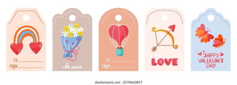 Set of gift tags Valentine s Day with cute hand-drawn love symbols. Rainbow, bouquet, arrow with bow, hot air balloon and butterflies on labels