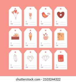 Eine Reihe von Geschenkanhängern für den Valentinstag. Vogel, Kaffeetasse, Kristalle. Eine Sammlung von aktuellen Labels mit Cartoon-Illustrationen und den Wörtern To, From. Farbvektorgrafiken auf weißem Hintergrund