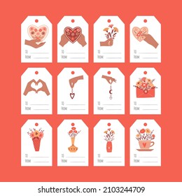 A set of gift tags for Valentine's Day. Hands hold a heart, bouquet, flowers, boho elements. A collection of present labels with flat illustrations. To, From. Color vector illustrations on a white