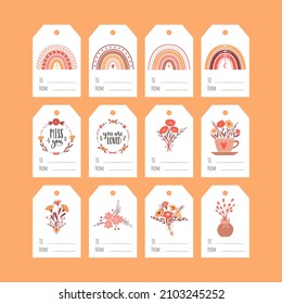 Set de etiquetas de regalo para el Día de San Valentín. Arcos de boho, ramos de flores, coronas. Colección de etiquetas actuales con simples ilustraciones bonitas y palabras A, Desde. Etiquetas de vector de color en un fondo blanco