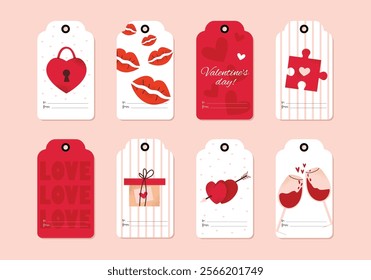 Set of gift tags for Valentine's Day. Cute and stylish tags with hearts, kisses, and the word love. Vector illustration with pink isolated background.