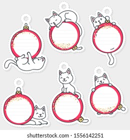 Set of gift tags for winter holidays. Cute gift tags in the shape of cats playing with christmas balls. Some blank space for your text included. Vector 8 eps.