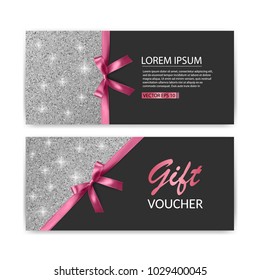 Set Geschenkgutschein-Vorlage, Werbung oder Verkauf. Schablone mit Glitzer-Textur und realistischer Bogengrafik, Vektor eps 10